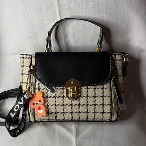 NWOT Cream/Black Plaid Small Satchel w/bag charm